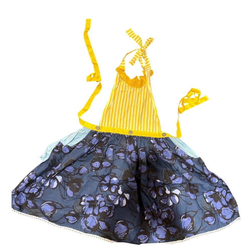 Sur La‎ Table Floral Striped Cotton Apron Blue Yellow Pom Pom Trim 2 Pockets
